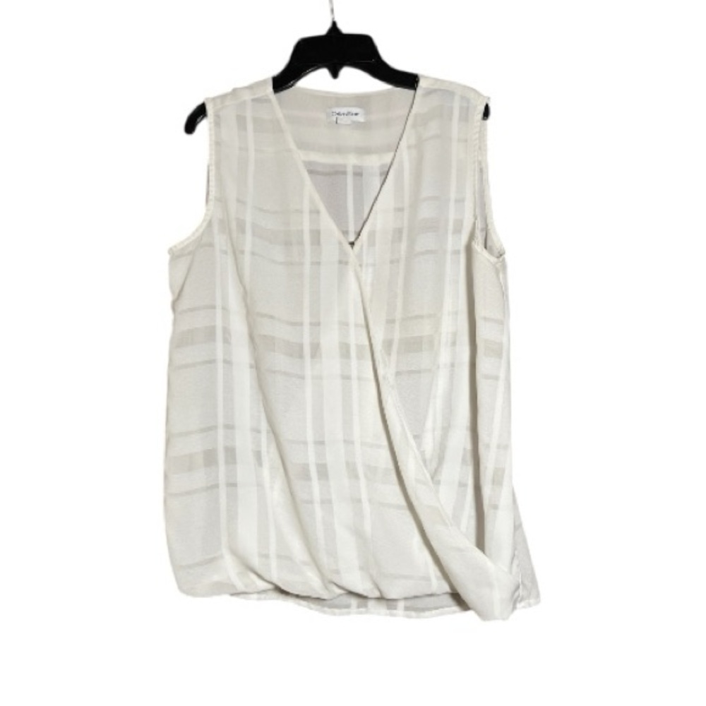 Calvin Klein Sheer White Sleeveless Faux Wrap Top Size Medium